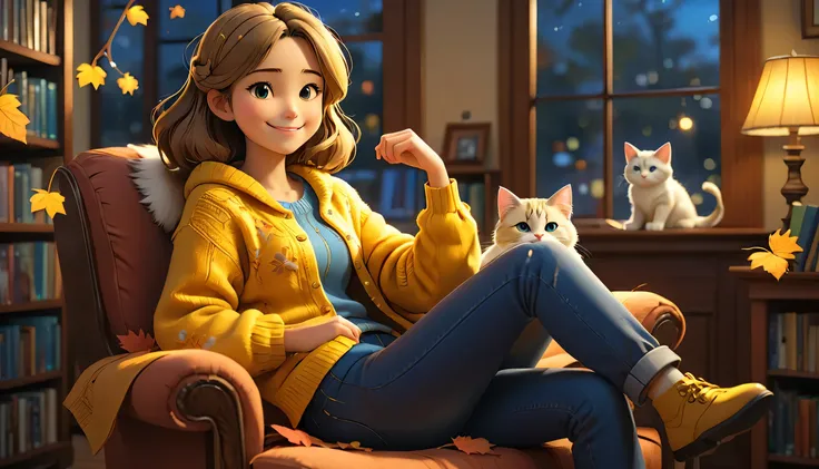 "((Lo-Fi drawing styles:1.5)), A heartwarming, highly detailed 3D-rendered illustration of a young woman in an anime style, sitting on a comfortable chair in a library in autumn, wearing a bright yellow cardigan and blue jeans, smiling as she gazes out the...