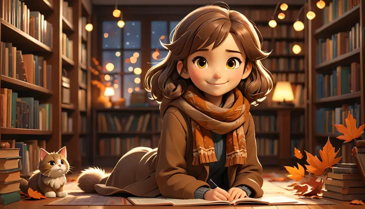 "((Lo-Fi drawing styles:1.5)), A heartwarming, highly detailed 3D-rendered illustration of a young woman in an anime style, standing by a bookshelf in a library in autumn, wearing a stylish brown coat and scarf, smiling warmly. Her fluffy cat is sitting be...