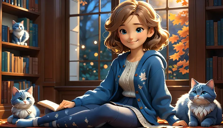 "((Lo-Fi drawing styles:1.5)), A heartwarming, highly detailed 3D-rendered illustration of a young woman in an anime style, sitting by a large window in a library in autumn, wearing a chic blue cardigan and leggings, smiling warmly. Her fluffy cat is curle...