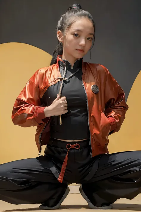 (((Highest quality, 8k, masterpiece:1.3)), 1girl, (( futuristic Kung Fu Clothing)), Toned Body, ponytail, black track pants, red kungfu-styled jacket, Looking at the viewer, 