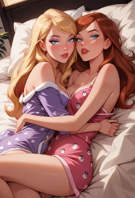 score_9, score_8_up, score_7_up, dcaustyle, 2girls, duo, couple, yuri, (kara zor-el, blonde:1.3) and (barbara gordon, reddish br...