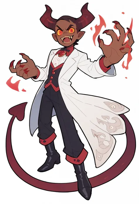 An evil young man, male adult, brown skin, Demon Horns, Demon Tail,  sharp teeth, long fangs, vampire fangs, sharp fangs, raising one hand, elegant, fancy clothes, boots, male, magic eye medallion, tall, white background