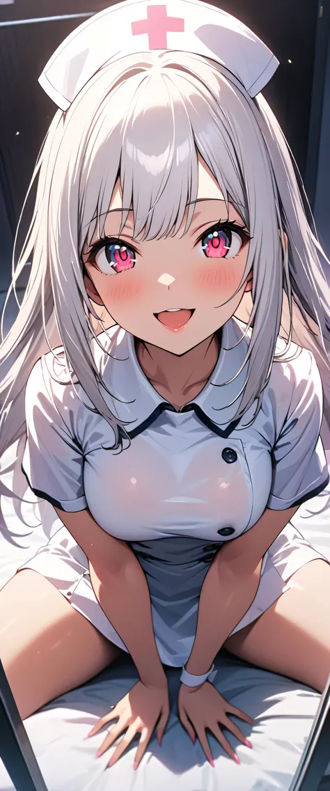 anime girl with pink eyes and a nurse uniform sitting on a bed