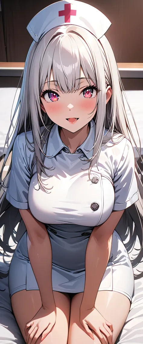 anime girl with long hair and a nurse uniform sitting on a bed