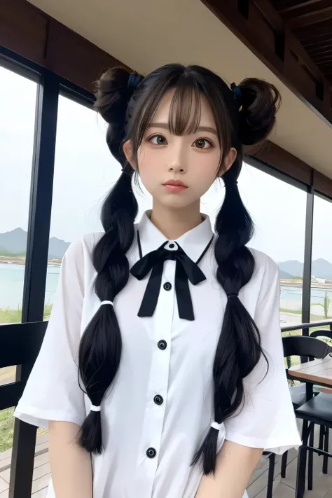 Woman with twin tails　Resort　Black and white clothes