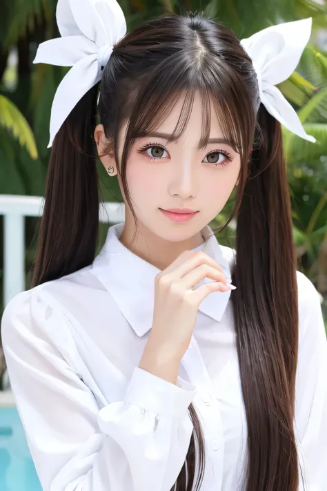 Woman with twin tails　Resort　White clothes　Finger on lips pose