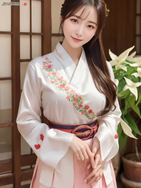 ((real photos:1.3)),((Super detailed)),((sharp:1.5)),1 female, A Korean-style woman walks around the palace,Smiling face。A woman wearing hanbok,Beautiful breast shape,Hair tied up and fixed with hostas,Makeup,fair complexion and light pink lips,Wearing a b...