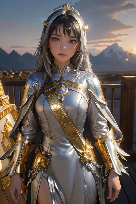 ((masterpiece, best quality, extremely detailed), volumetric lighting, ambient occlusion, colorful, glowing), 1girl, solo, young girl, (dark hair), long hair, halo, aura, sacred, goddess, cleric suit, (silver outfit with gold detailst:1.3), armor, outdoors...