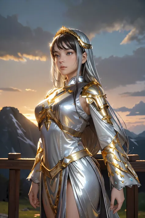 ((masterpiece, best quality, extremely detailed), volumetric lighting, ambient occlusion, colorful, glowing), 1girl, solo, young girl, (dark hair), long hair, halo, aura, sacred, goddess, cleric suit, (silver outfit with gold detailst:1.3), armor, outdoors...