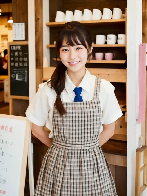 Japanese elementary school girl stylish coffee shop smile inside the store hands behind back