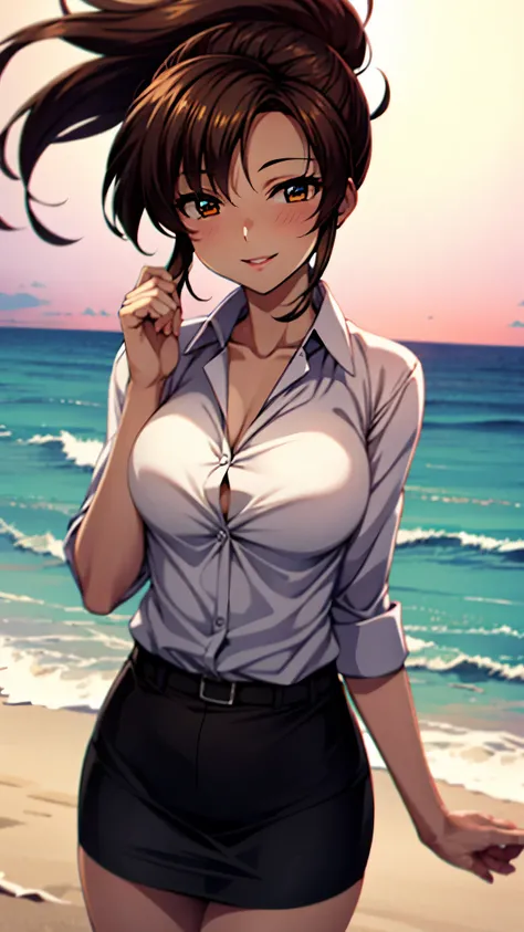 （（super high quality,Ultra-high resolution,16k,super masterpiece,Ultra HD ,Detailed shading,））Shooting from below,One sexy mature woman,（A light pink shirt with an open collar,Folded sleeves,Red pencil skirt,）Thick lips,Lewd smile,blush,Sunset beach,The wi...