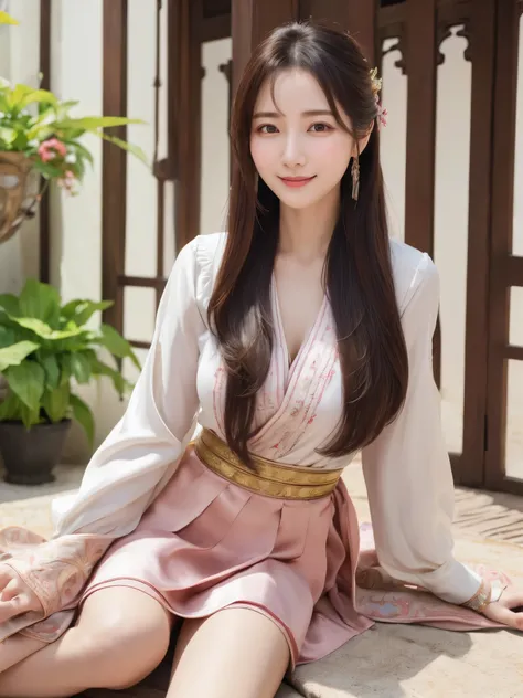 ((real photos:1.3)),((Super detailed)),((sharp:1.5)),1 female, A Korean-style woman walks around the palace,Smiling face。Beautiful breast shape,Hair tied up and fixed with hostas,Makeup,fair complexion and light pink lips,Wearing a bright 저고리 that is made ...