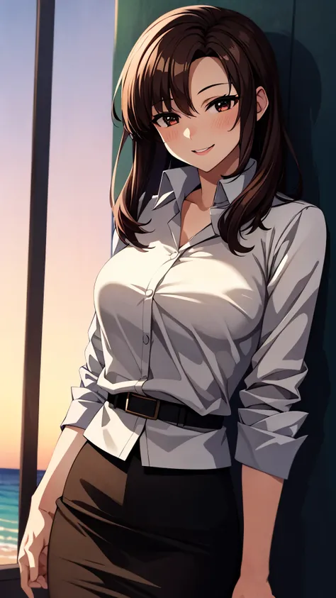 （（super high quality,Ultra-high resolution,16k,super masterpiece,Ultra HD ,Detailed shading,））Shooting from below,One sexy mature woman,（A light pink shirt with an open collar,Folded sleeves,Red pencil skirt,）Thick lips,Lewd smile,blush,Sunset beach,The wi...