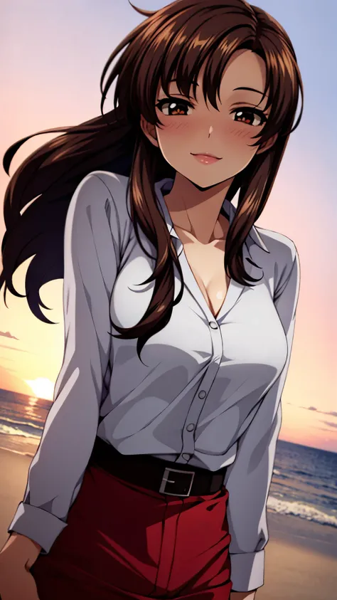 （（super high quality,Ultra-high resolution,16k,super masterpiece,Ultra HD ,Detailed shading,））Shooting from below,One sexy mature woman,（A light pink shirt with an open collar,Folded sleeves,Red pencil skirt,）Thick lips,Lewd smile,blush,Sunset beach,The wi...