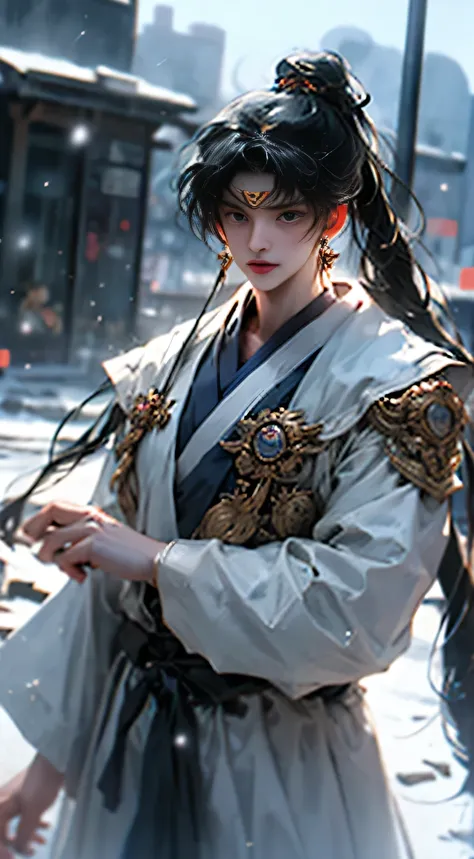 ((Best quality)), ((masterpiece)), (detailed), real person , realistic , ((perfect face)), ((halfbody)) pretty face, boy, teen boy, perfect proportions , Shen Qingqiu character , long black hair, boy version , detailed background, ，High ponytail ,have spor...