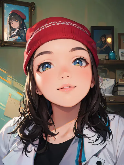 a beautiful young woman with long curly brown hair, red beret hat, black shirt, round face, small chin, inspired by the art style of Yi Insang and Ruan, cute vtuber, (Masterpiece), (best detail), (Best quality), (((2D))), happy smiling expression, youthful...