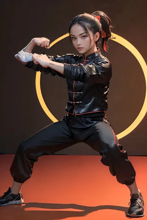 (((Highest quality, 8k, masterpiece:1.3)), 1girl, ((futuristic Kung Fu Clothing)), Toned Body,  black track pants, red kungfu-styled jacket, Looking at the viewer, dynamic pose, model pose, perfect body, perfect hands, fists