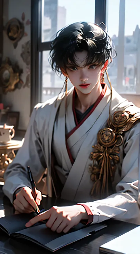 ((Best quality)), ((masterpiece)), (detailed), real person , realistic , ((perfect face)), ((halfbody)) pretty face, boy, teen boy, perfect proportions , Shen Qingqiu character , long black hair, boy version , detailed background, ，High ponytail ,have spor...