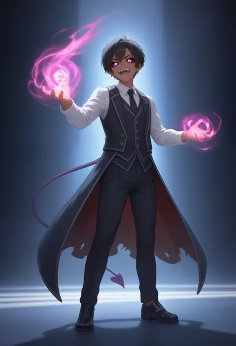 1boy, young man, dark brown skin, short black hair, deep purple eyes, black sclera, sharp teeth, long fangs, vampire fangs, sharp fangs, demonic tail, elegant royal butler outfit, calm expression, composed demeanor, gentle smile, void energy, magical aura,...