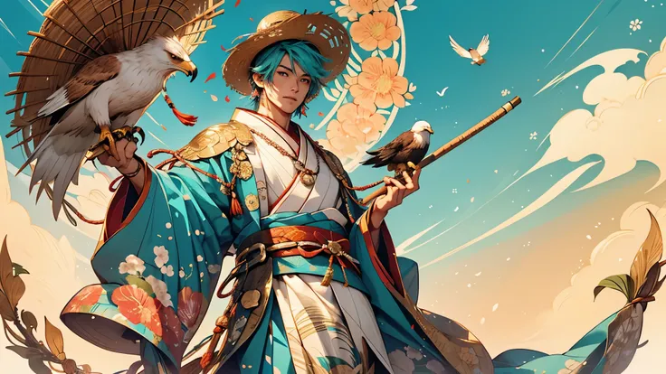 detailed full body portrait of a humanoid character with fox features, dressed in a traditional turquoise Japanese kimono adorned with gold and silver floral embroidery. The character wears a straw hat decorated with flowers and holds a cane with a pendant...