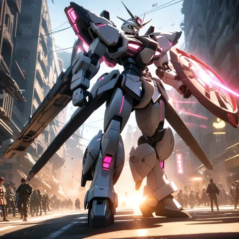 anime aestetic, anime character, assult robot, holding shield, white armour, gigantic mecha, neon paint, bright light, dynamic pose, science fiction, mecha anime style, epic scene, character art, cinematic light, ray tracing ,atmospheric perspective, persp...