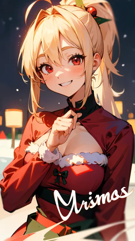 1 girl、Dressed as Santa、Blonde ponytail、Ahoge、Beautiful red eyes、smile、Laughter、Medium size chest、Christmas Outdoor、Subtle details、Upper body close-up、