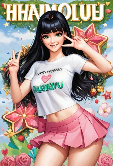 ((Best Quality, 8k, masterpiece: 1.3)),Human Girl,((Petite,Glamorous Body,Curvy)),cute,Smiling face,((Long black hair)),Beautiful emerald green eyes,Peace sign with both hands,White T-shirt,Pink mini skirt,Cowboy Shot,The background is light blue,cover "Th...