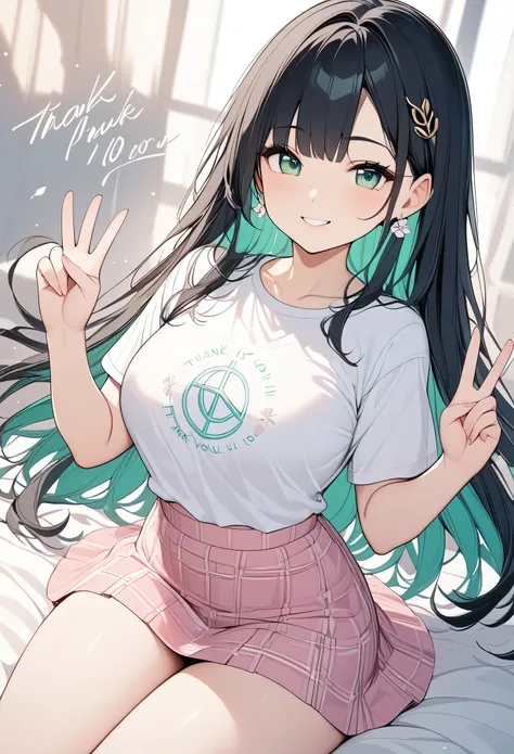 ((Best Quality, 8k, masterpiece: 1.3)),Human Girl,((Petite,Glamorous Body,Curvy)),cute,Smiling face,((Long black hair)),Beautiful emerald green eyes,Peace sign with both hands,White T-shirt,Pink mini skirt,Cowboy Shot,The background is light blue,cover "Th...