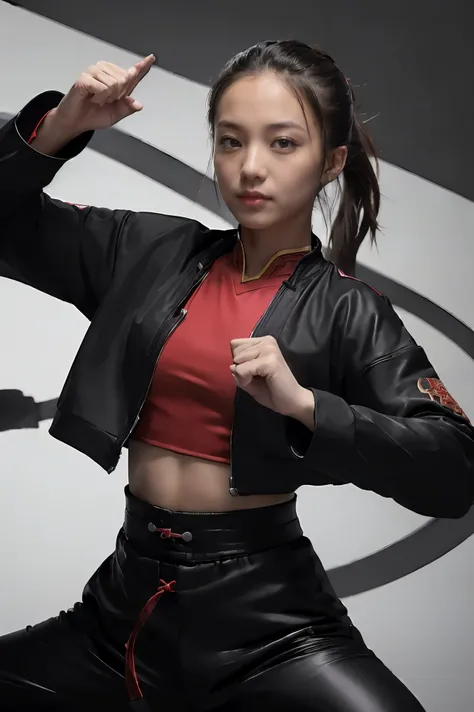 (((Highest quality, 8k, masterpiece:1.3)), 1girl, ((futuristic Kung Fu Clothing)), Toned Body,  black track pants, red kungfu-styled jacket, Looking at the viewer, dynamic pose, model pose, perfect body, perfect hands, fists