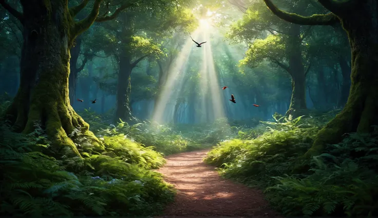 ((hyperrealistic)), there is a path in the middle of a forest with a bird flying, magical forest backround, fantasy forest landscape, forest path, a beautiful pathway in a forest, fantasy forest background, magical forest background, fantasy forrest backgr...