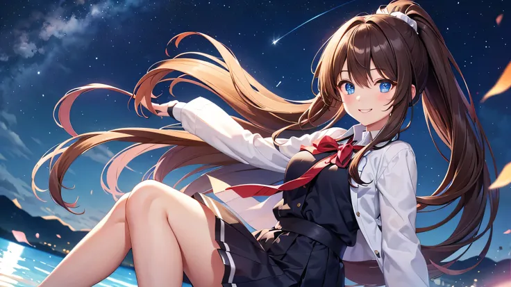 8k ，HD A cute girl appears,blue eyes， Brown long hair、The hairstyle is ponytail、Lovely smile，dressed as student，Under the night sky