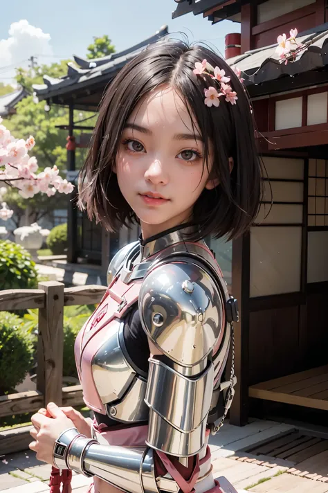 beautiful japanese young woman, wearing cyborg armor made of oil, thick symmetrical features, very short hair, background is cherry blossoms, pink aura, red lips, octane render,