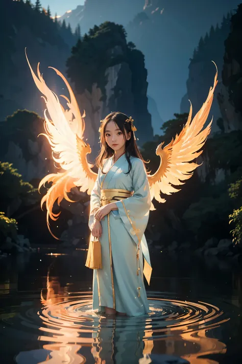 A beautiful Chinese girl standing on the water, misty reflection, a huge phoenix divine bird in the sky, magic, fantasy, dynamic posture, composed of colorful glowing flames, delicate face, delicate eyes, long black and golden hair, wearing amber and sky b...