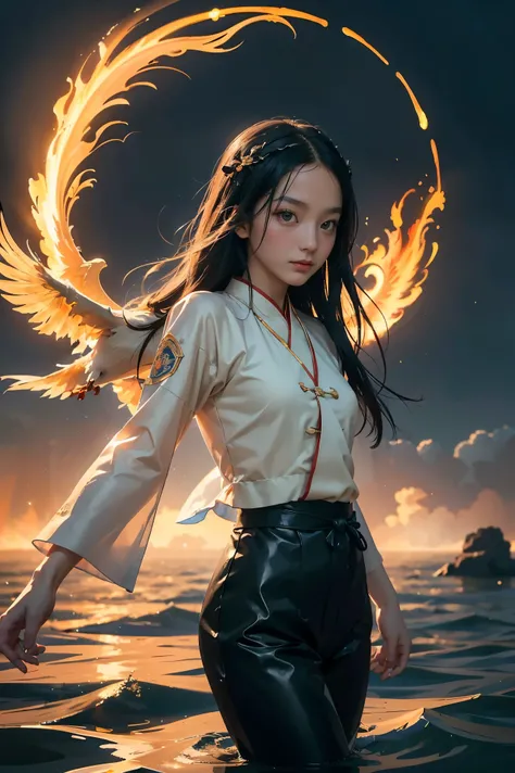 A beautiful Chinese girl standing on the water, a misty reflection, a huge phoenix divine bird in the sky, magic, fantasy, dynamic posture, composed of colorful glowing flames, delicate face, delicate eyes, long black and golden hair, wearing amber and sky...