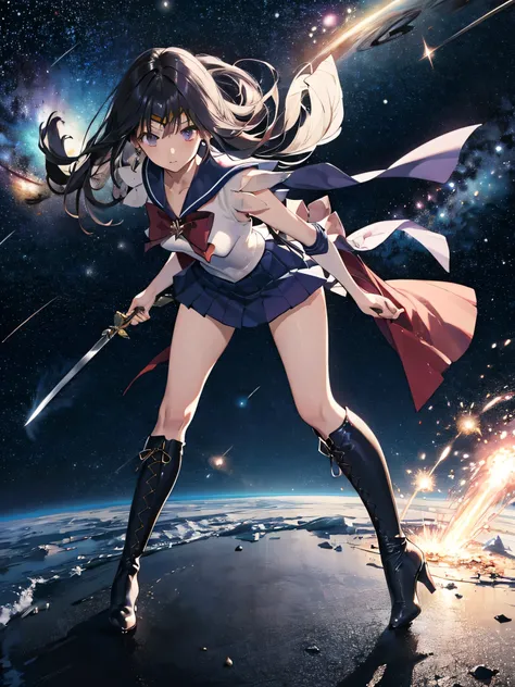 (full body),1 girl,solo,Sailor Saturn, purple Sailor collar, Sailor collar, Sailor Warrior Uniform,leotard,Elbow Handbags,Braided knee-high boots,Gold tiara on forehead, Tomoe Hotaru, space, silence_sword,, (masterpiece:1.2), (Highest_quality:1.2), (Ultra_...