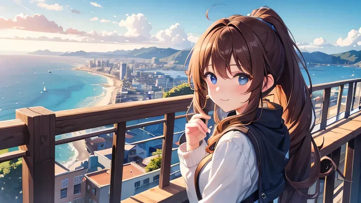 8k HD，beautiful girl，Brown long curly hair，Blue Eyes，Ponytail，Overlooking the sea from the mountains，Enjoy the city scenery