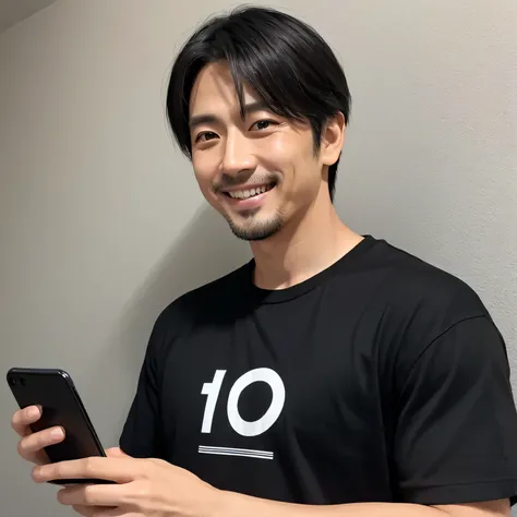 Black T-shirt　Age 35　Japanese　male　smile　No background　Look at your smartphone