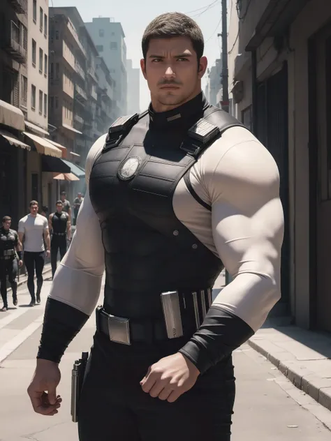 Angry super Muscular man, Flat head,On a vintage outdoor street under the hot sun, Wear the Cream Long Sleeve Superhero Bodysuit, Body wrapped in mud,The clothes are dirty,There are mud stains,The expression is very arrogant, Thick thighs, Messy hair, Thi...