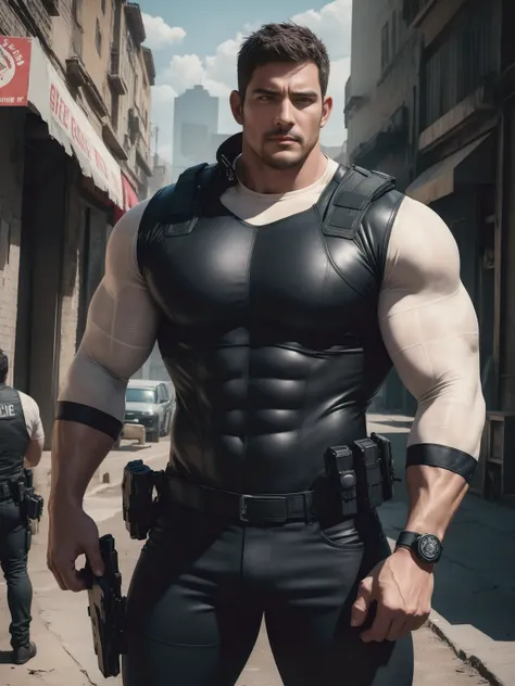 Angry super Muscular man,  Flat head，On a vintage outdoor street under the hot sun, Wear the Cream Long Sleeve Superhero Bodysuit, Body wrapped in mud，The clothes are dirty，There are mud stains，The expression is very arrogant, Thick thighs, Messy hair, Thi...