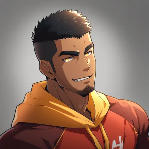 anime characters：Gyee, Young Muscle Sports Teacher, negro black skin, Buzz Cut, Manliness, male focus, Dark red long-sleeved hooded sweatshirt, Very tight, muscular male, muscular, only, Upper body, alone, Black short hair, Thick eyebrows, stubble, Yellow ...