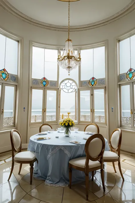 Palace room with white walls, white marble floors and two stained glass windows with yellow curtains, Christmas garlands above the windows, on the sides there are two round tables with a white lace tablecloth and beautiful dishes on a blue napkin, in the c...