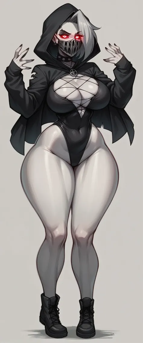 noir (nod) (loona). wearing a goth skin full body lovesuit thicc. big hips. huge tits. 
 hood. faceless mask. lewd. lust. glowin...