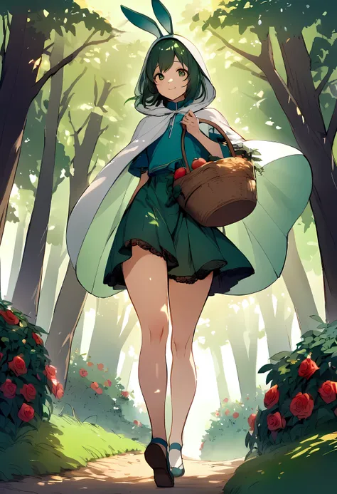 Young man in blue and green clothing and a white cape hood, dark green skirt with white details on the edge of the skirt. Smile on the face medium hair, and in his hand carrying a basket of fruit with a flower and a rose bush. She walks through the forest,...