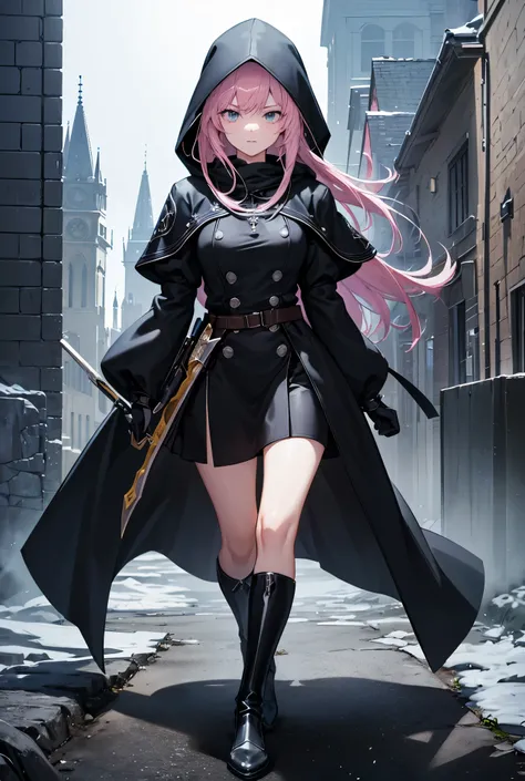 woman, steal, steal, Assassin, Black jacket, Black cause, black cloak, Black gloves, Black boots, Wearing a black hood over his head, Holding a black iron mask, Stand on the rooftops of a medieval European town at night., Dark Night, Very full, Light emera...