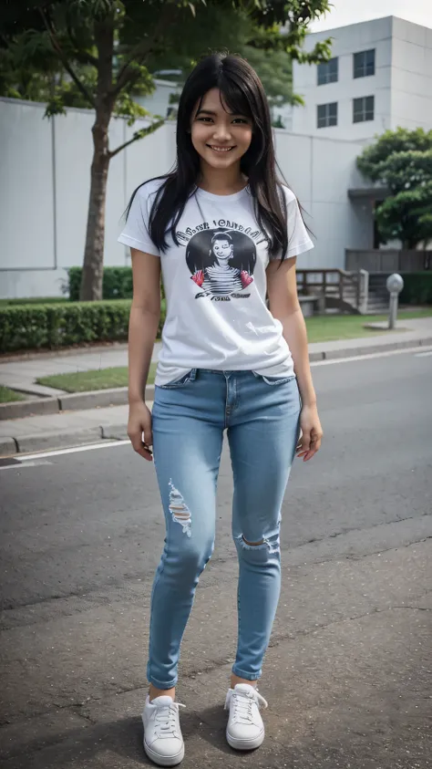 Standing girl、Full body photo、 white stripes t-shirt, blue skinny jeans, black hair, indonesian girl, smile, White sneakers, university

