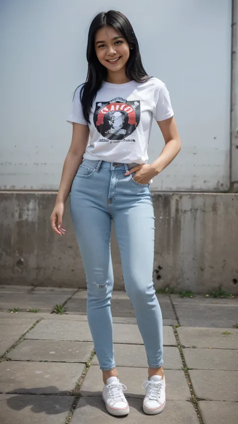 Standing girl,、Full body photo、 white stripes t-shirt, blue skinny jeans, black hair, indonesian girl, smile, White sneakers, university

