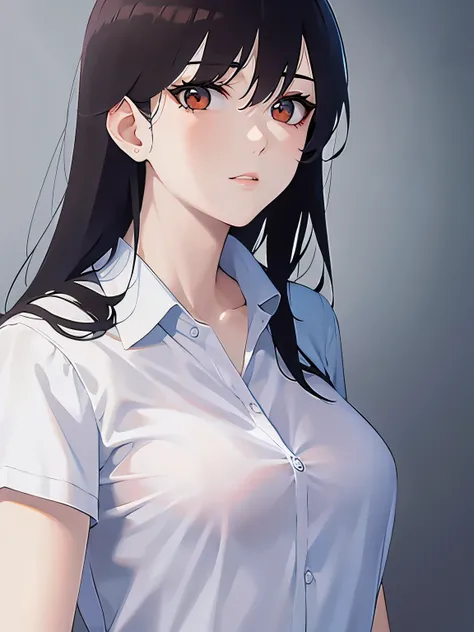 side angle, Upper Body, (pale skin: 1.2), shiny skin, shiny hair、(A 2 woman with medium-length hair and bangs) and (wavy hair) and (brown hair) and (Orange eyes) ,(white short sleeve collared shirt) 、expressionless, The background is an office interior、Alo...