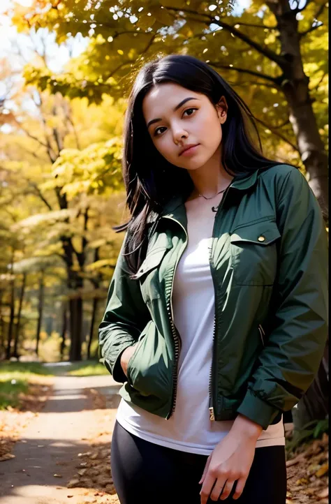 A young woman with striking black hair stands on a forest path covered with autumn leaves, her head turned slightly towards the camera, revealing her expressive face. She’s dressed in a forest green jacket, comfortable leggings, and sturdy hiking shoes. Sh...