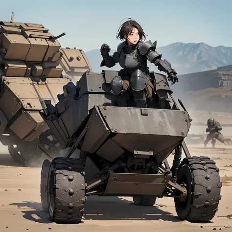 nsfw, anime screencap, 16k, perfect anatomy proportion body, action, A dynamic composition with a sense of speed and movement, (Ride a heavily armored military buggy:1.6), a wife, 40age, perfect beautiful delicate sexy face, perfect beautiful delicate eyes...