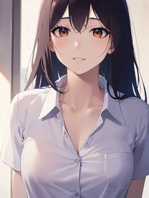 Shooting from below, Upper Body, (pale skin: 1.2), shiny skin, shiny hair、(A 2 woman with medium-length hair and bangs) and (wavy hair) and (brown hair) and (Orange eyes) ,(white short sleeve collared shirt) 、expressionless, The background is an office int...